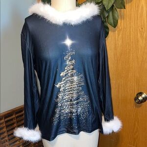 Navy Blue Christmas Tree Top with White Fir Trim Size Med New Holiday Party